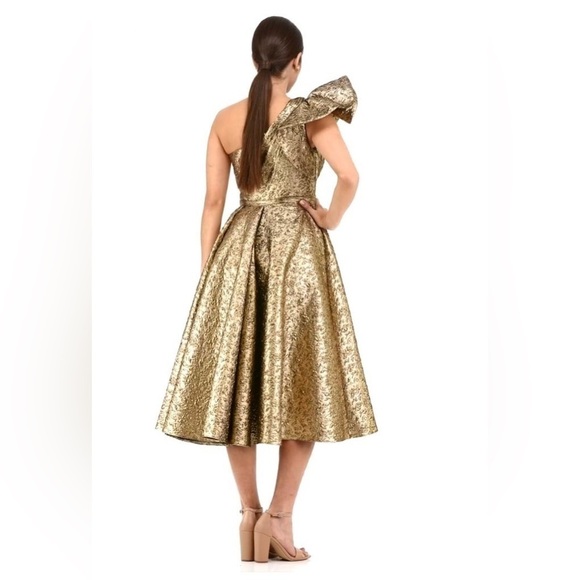 Nwt Mac Duggal One Shoulder Bow Midi Dress in Antique Bronze - Picture 3 of 13